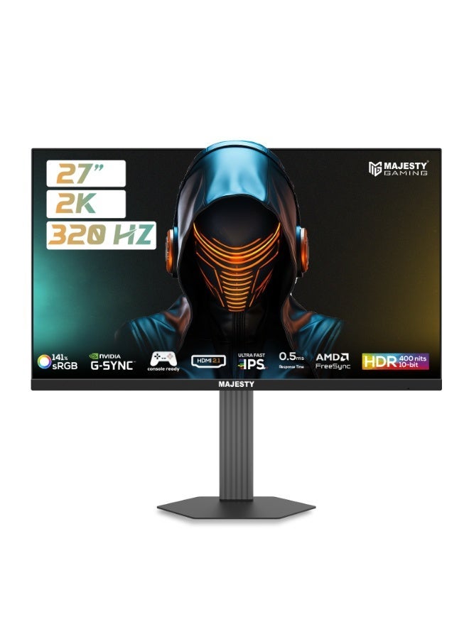 Majesty 27" 2K QHD Gaming Monitor 2560x1440 | IPS | 320Hz | 0.5ms | HDR400 | 10-Bit | 141% sRGB | G-SYNC & FreeSync | AI | Built-in Speakers | RGB | DisplayPort & HDMI | VESA | Flexible Stand - Image 1